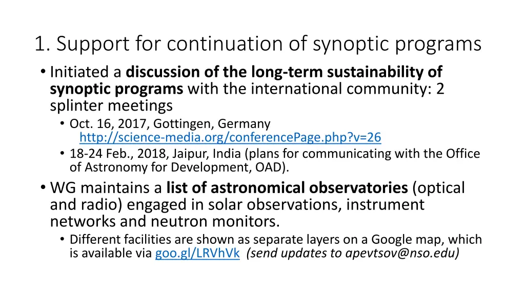 1 support for continuation of synoptic programs 1