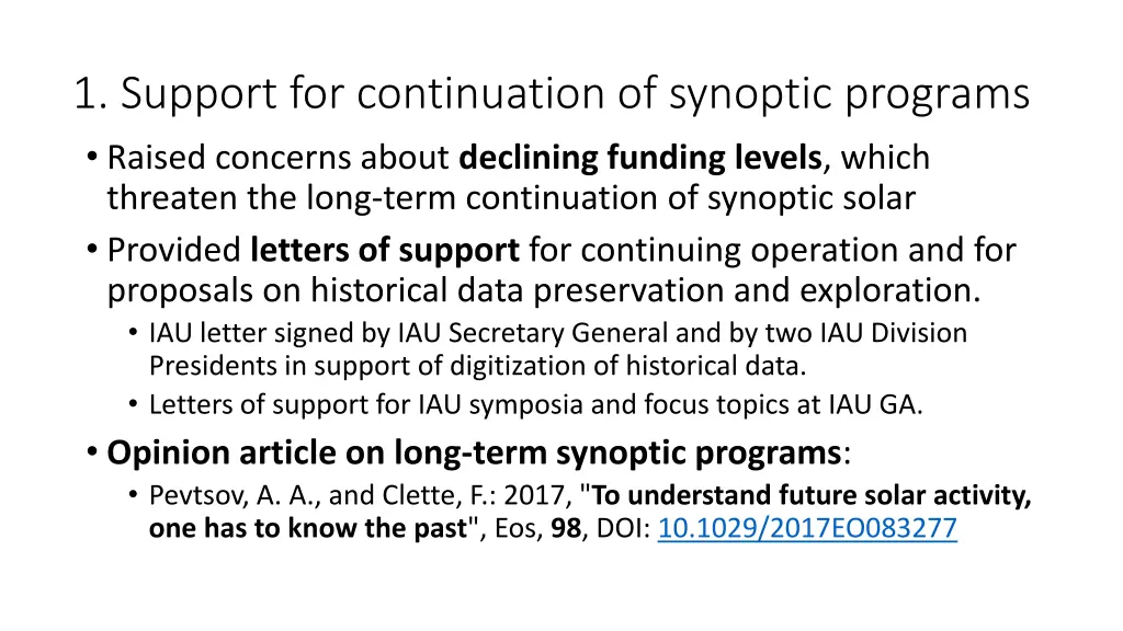 1 support for continuation of synoptic programs