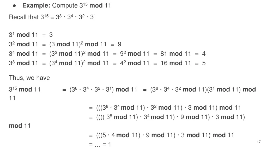 example compute 3 15 mod 11 1