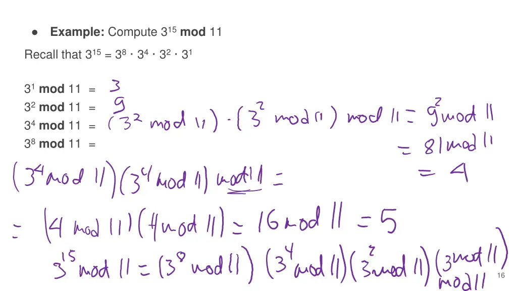 example compute 3 15 mod 11