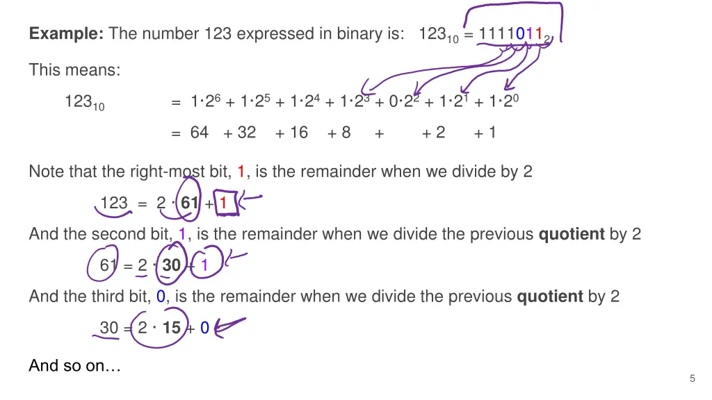 example the number 123 expressed in binary