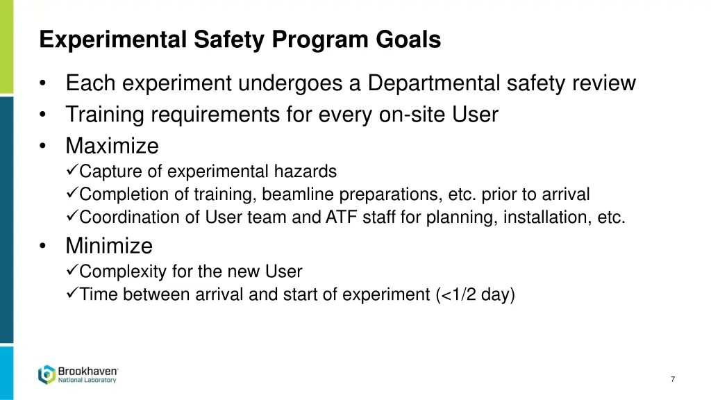 experimental safety program goals