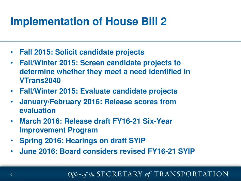 implementation of house bill 2