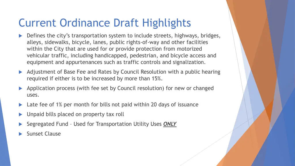 current ordinance draft highlights
