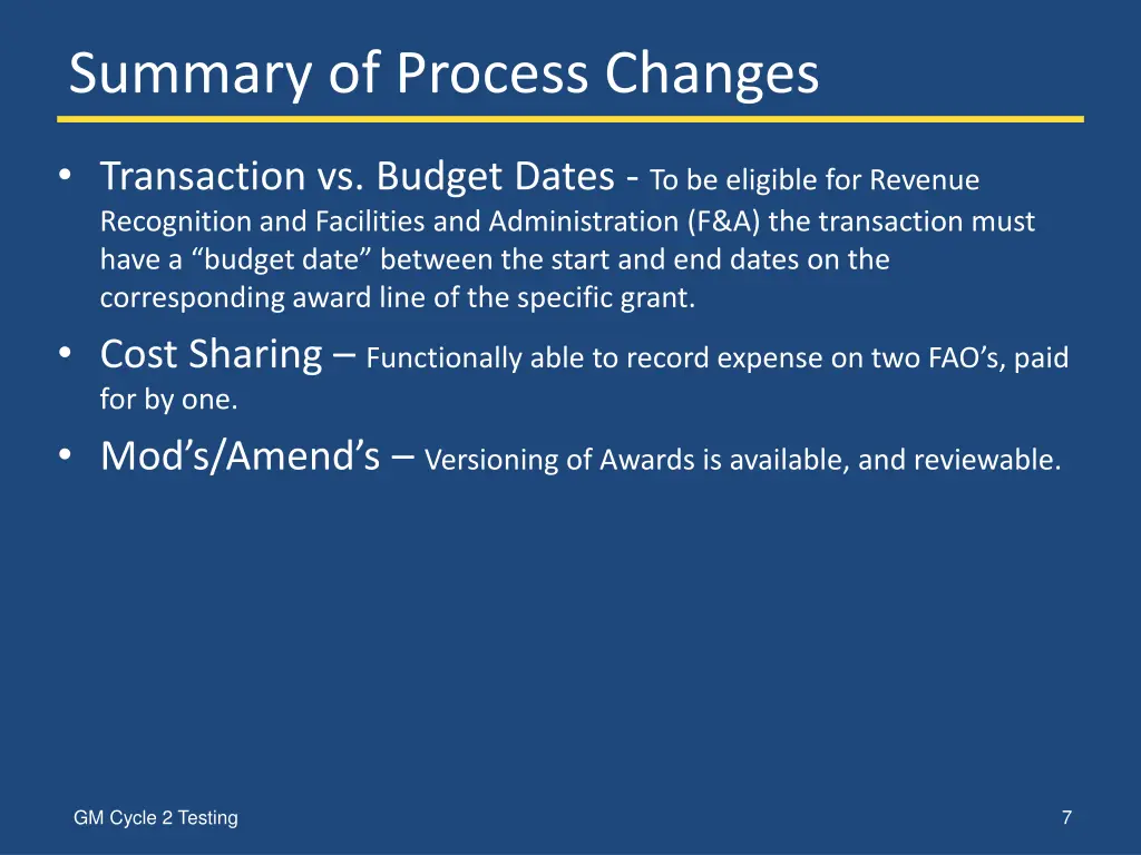 summary of process changes 1