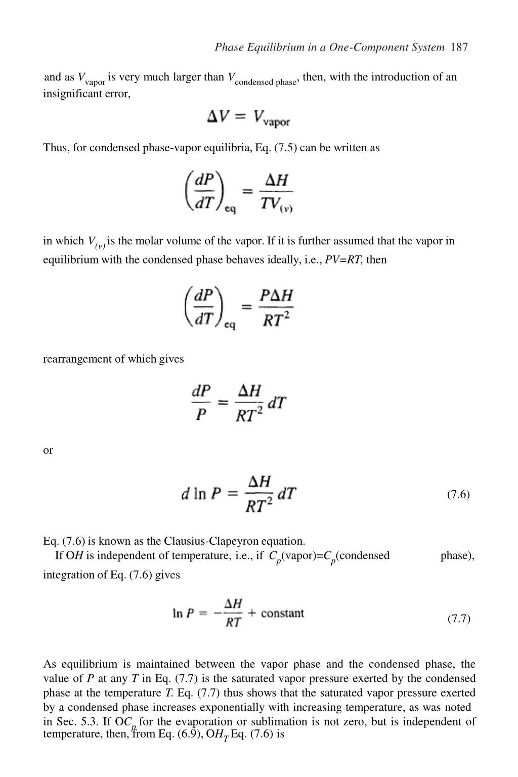 phase equilibrium in a one component system 187