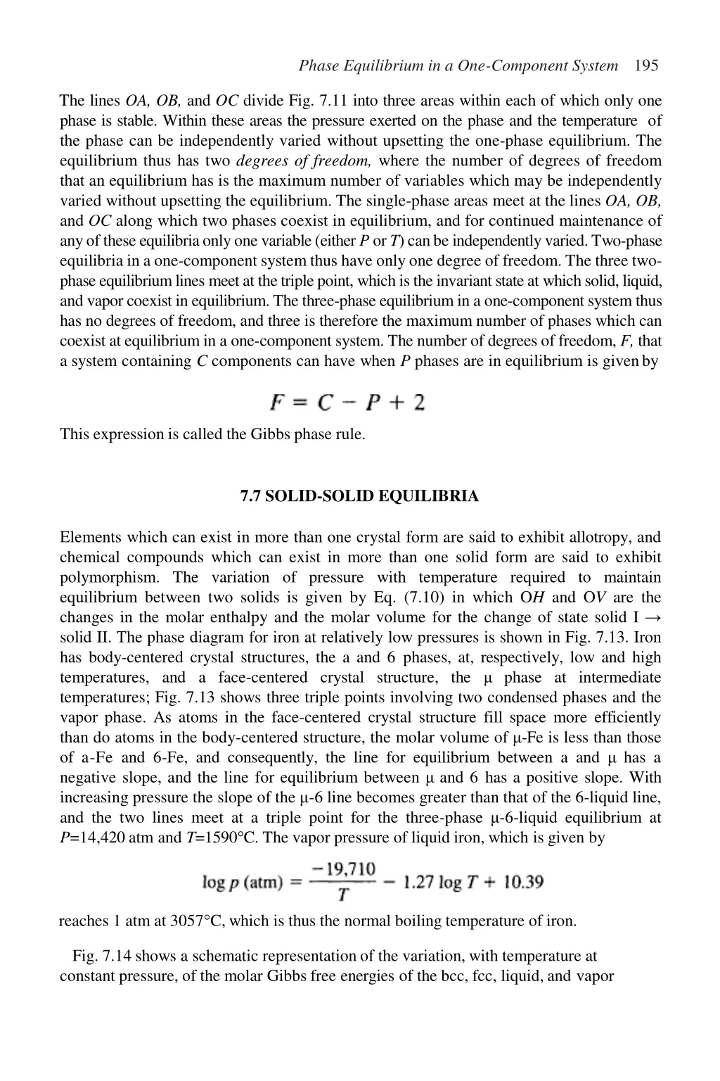 phase equilibrium in a one component system 195