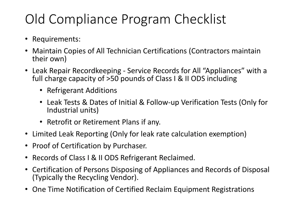 old compliance program checklist