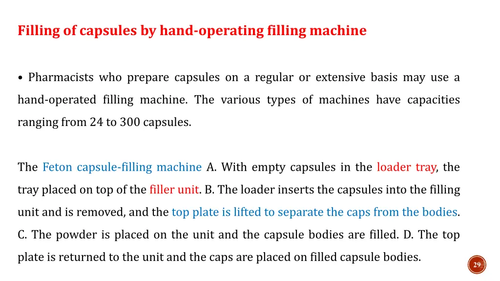 filling of capsules by hand operating filling