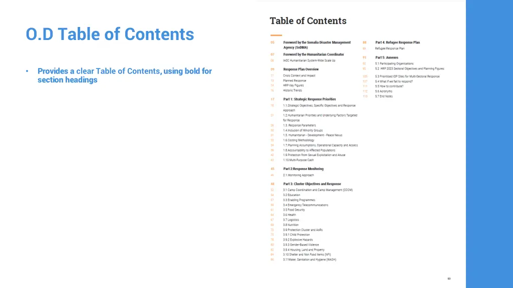 o d table of contents