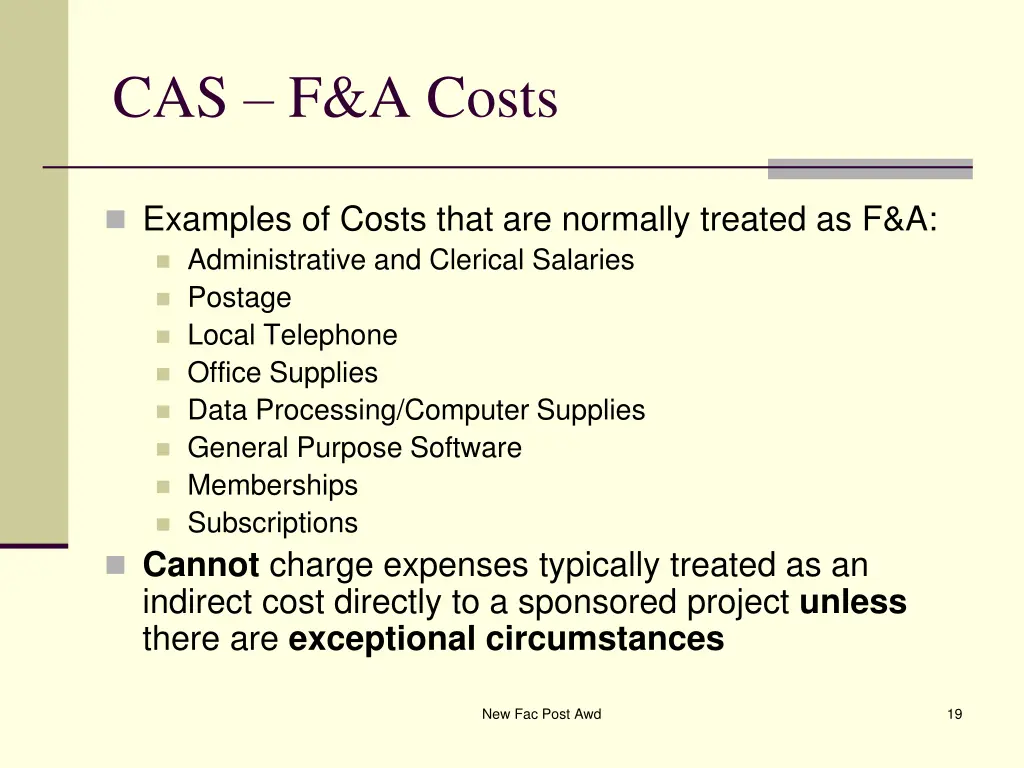 cas f a costs