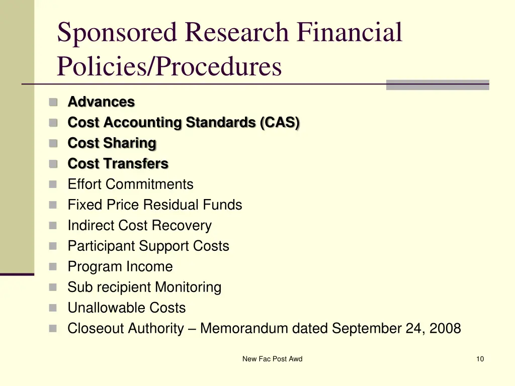 sponsored research financial policies procedures