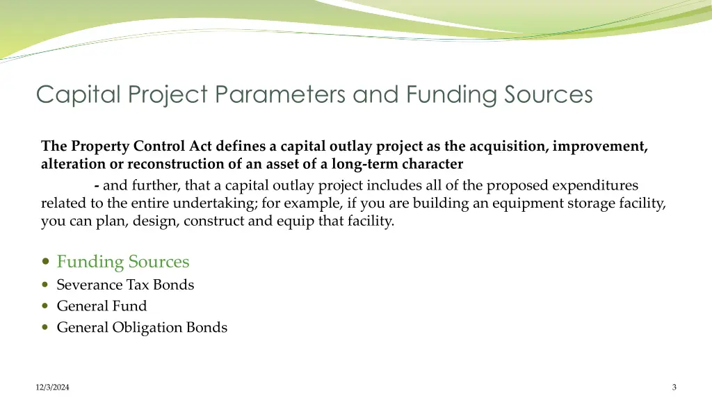 capital project parameters and funding sources