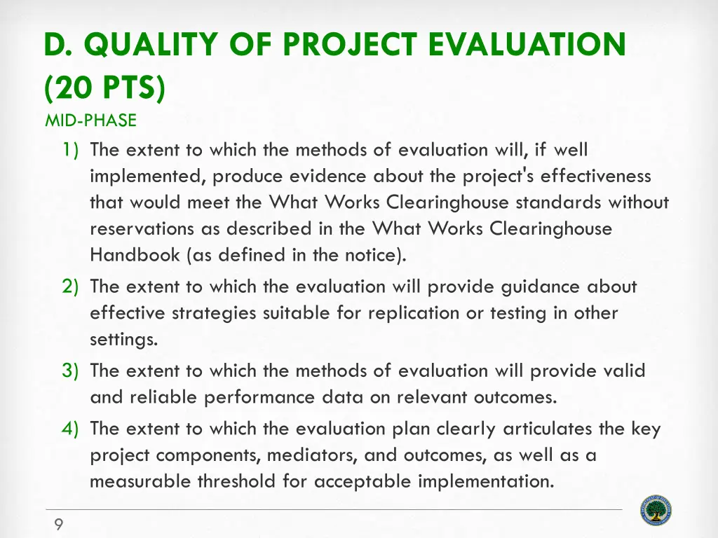 d quality of project evaluation 20 pts mid phase