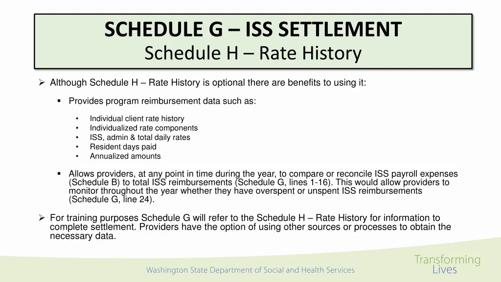 schedule g iss settlement schedule h rate history 1