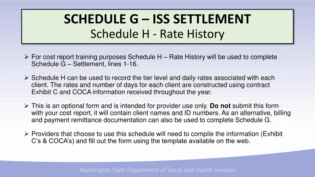 schedule g iss settlement schedule h rate history