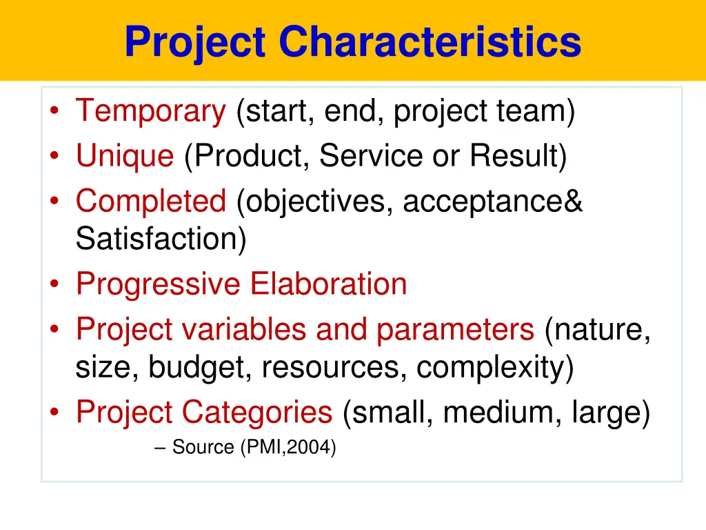 project characteristics