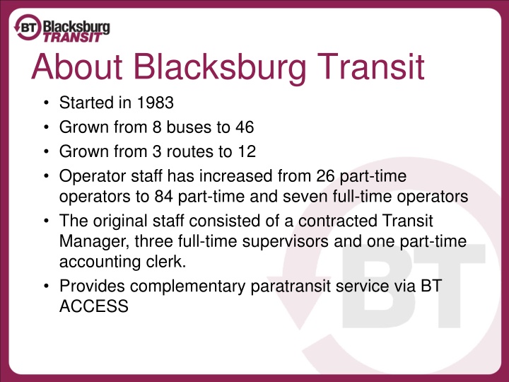 about blacksburg transit started in 1983 grown