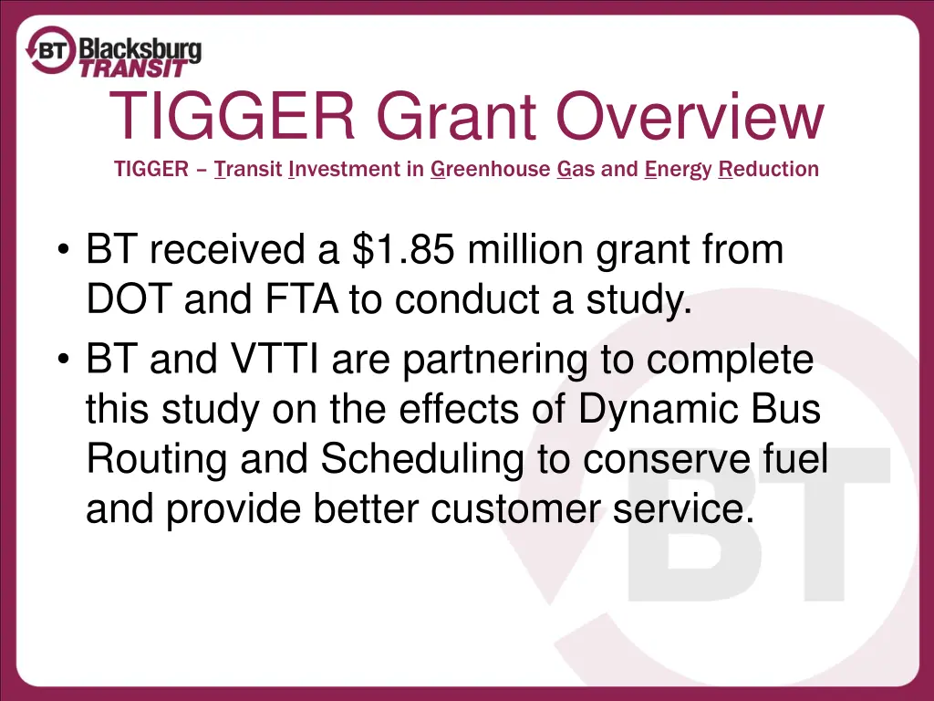 tigger grant overview tigger transit investment