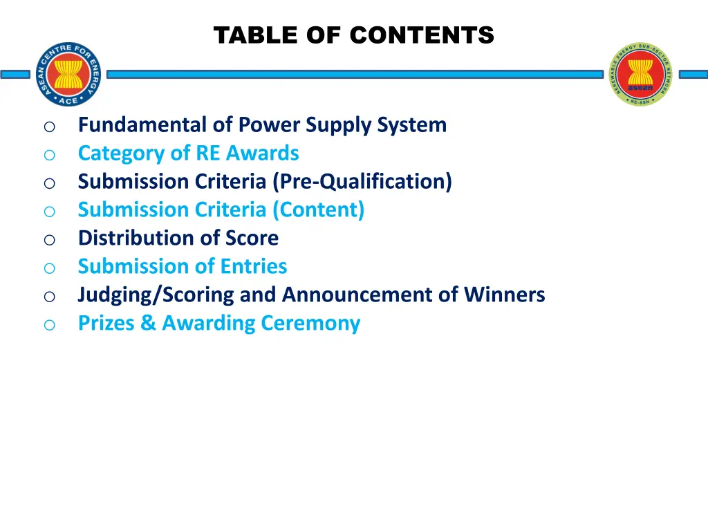table of contents