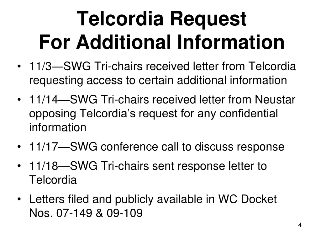 telcordia request for additional information