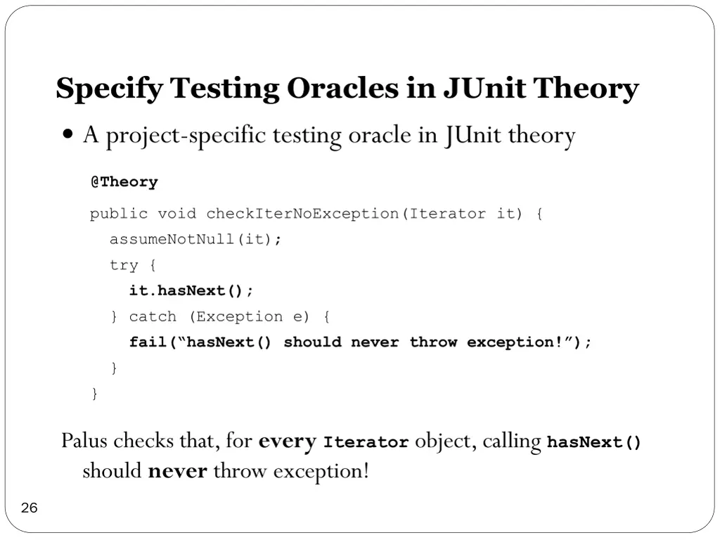 specify testing oracles in junit theory