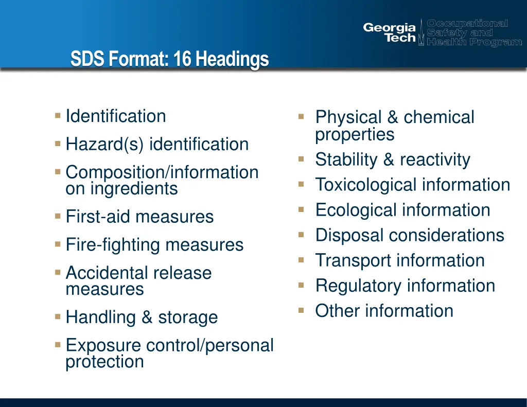 sds format 16 headings
