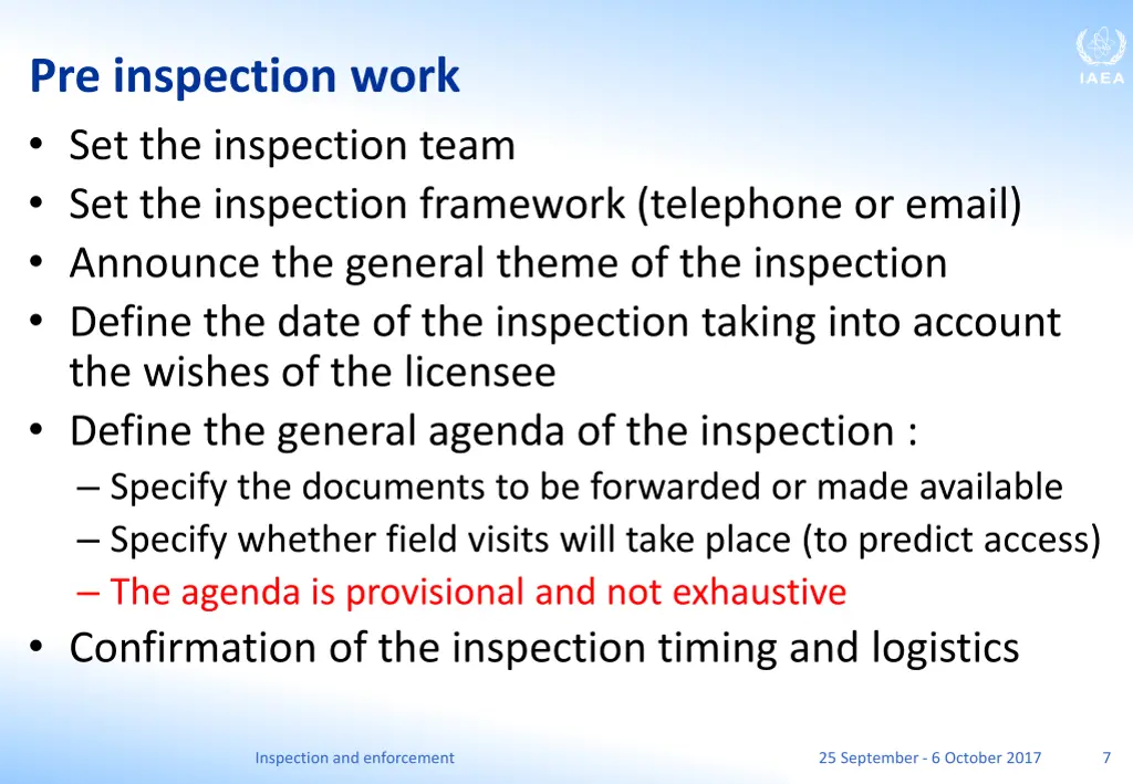 pre inspection work set the inspection team