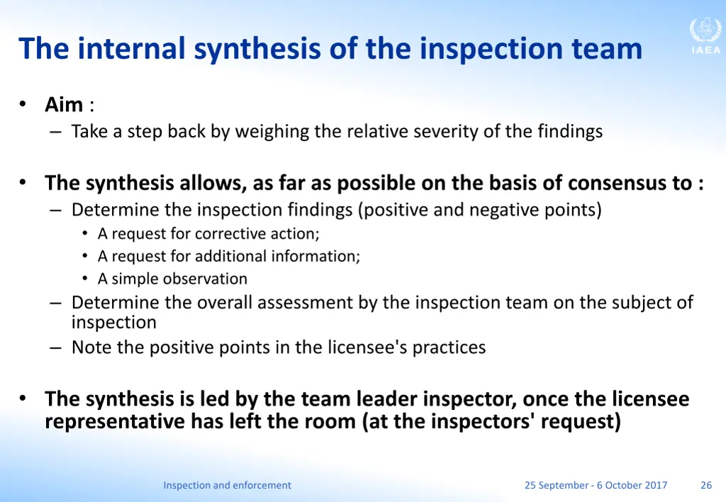 the internal synthesis of the inspection team