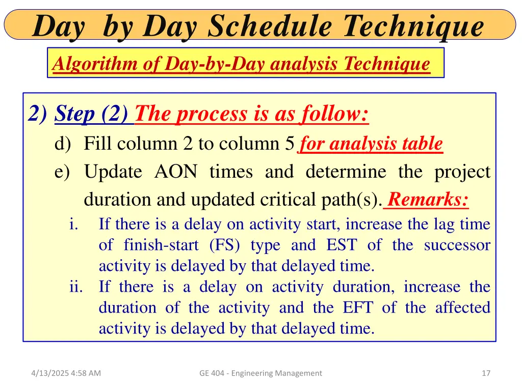 day by day schedule technique algorithm 5