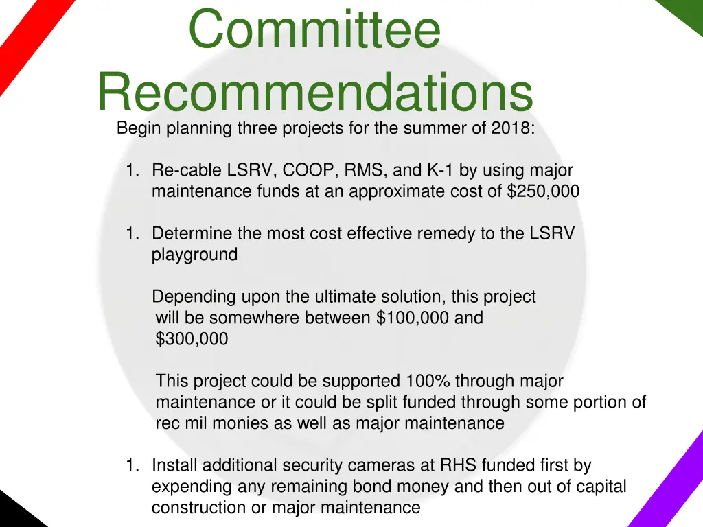 committee recommendations begin planning three