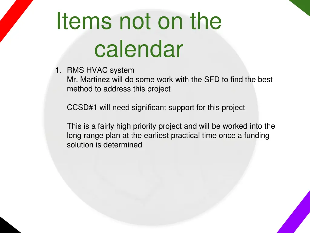 items not on the calendar 1 rms hvac system