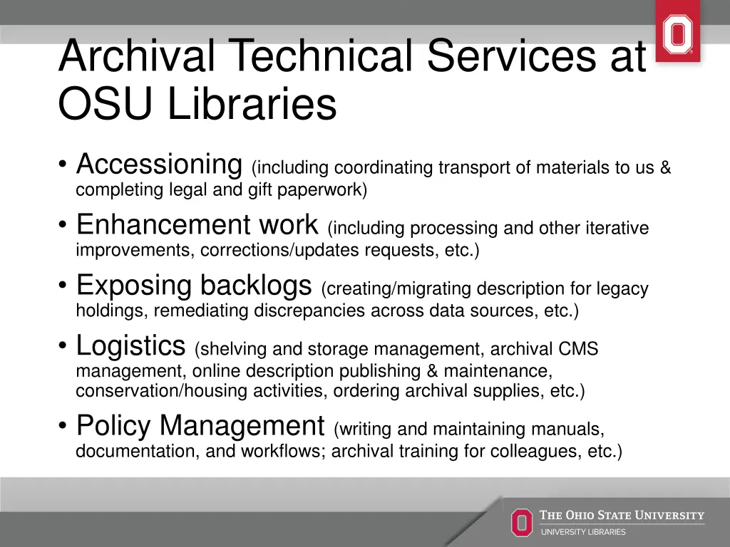 archival technical services at osu libraries