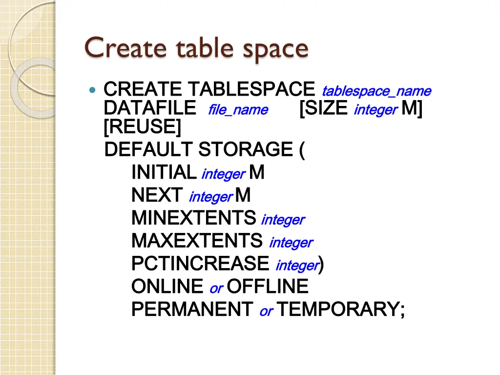 create table space