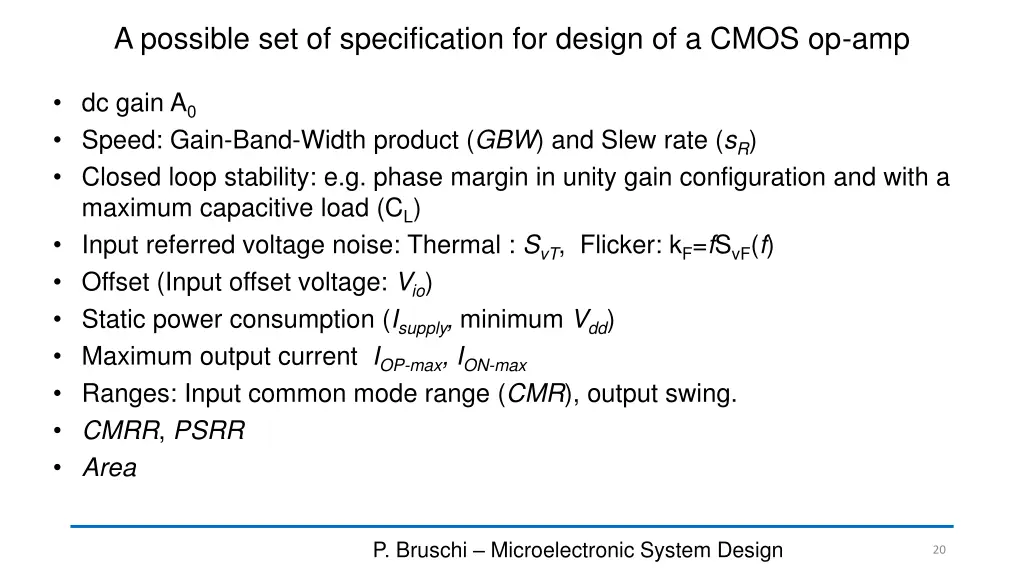 a possible set of specification for design