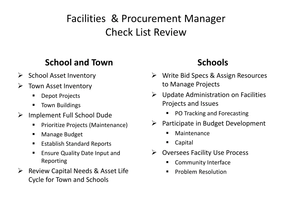 facilities procurement manager check list review