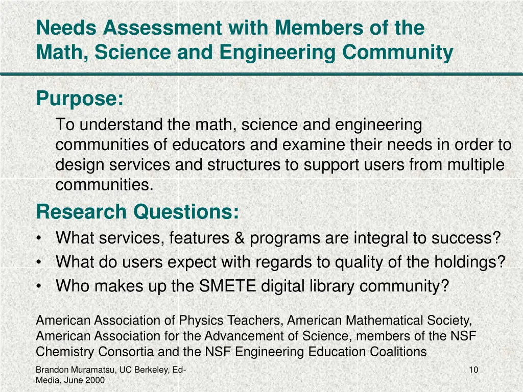 needs assessment with members of the math science