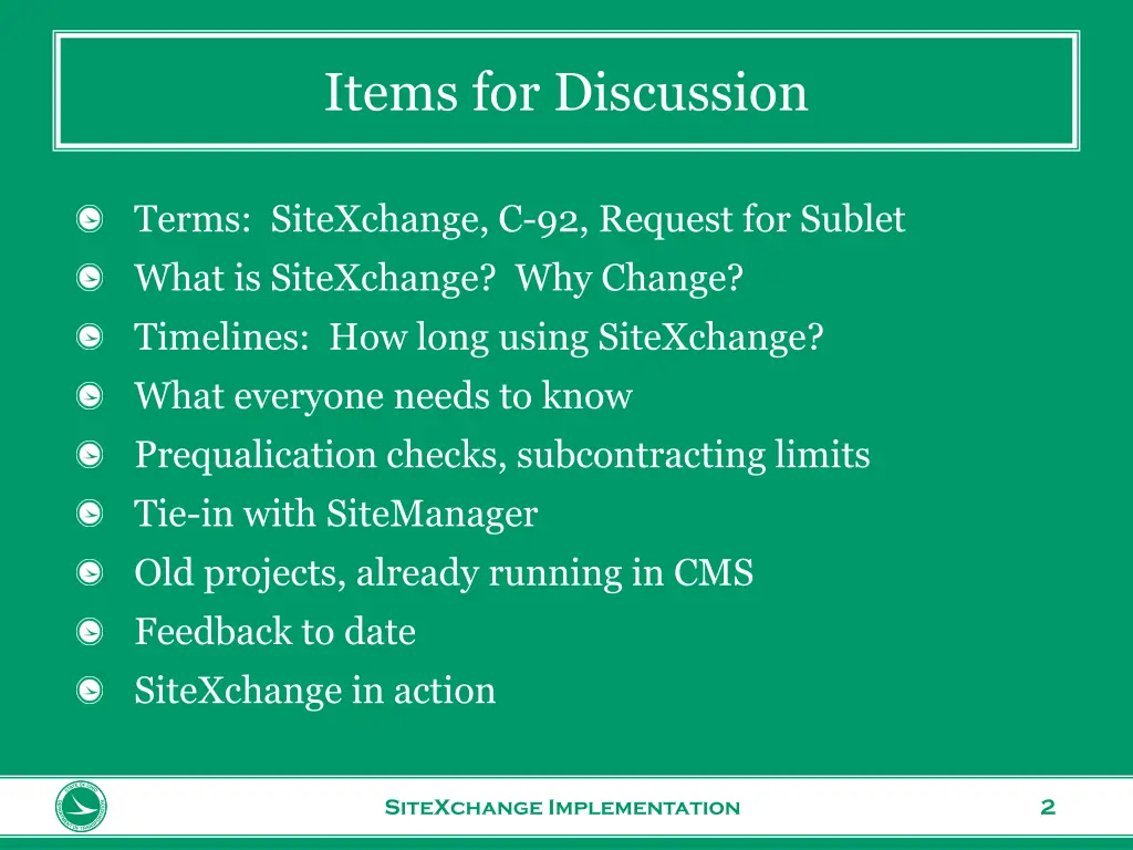 items for discussion