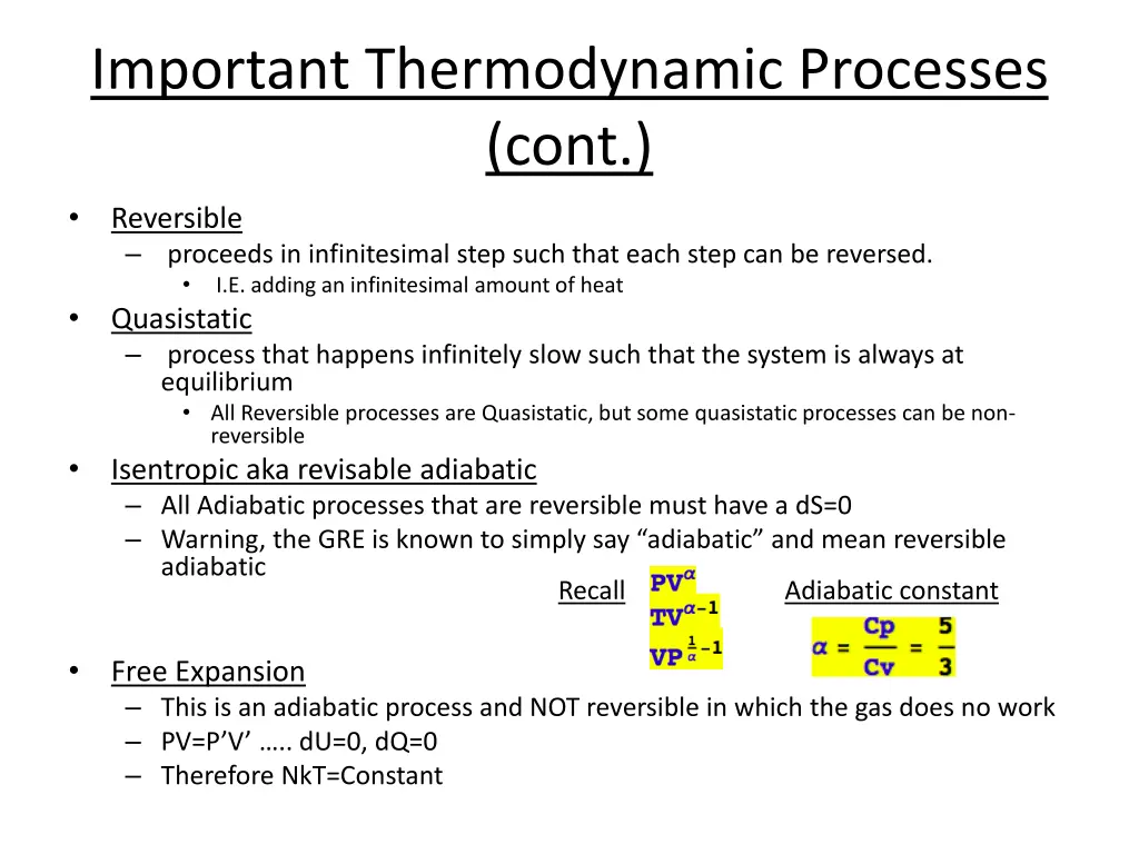 important thermodynamic processes cont