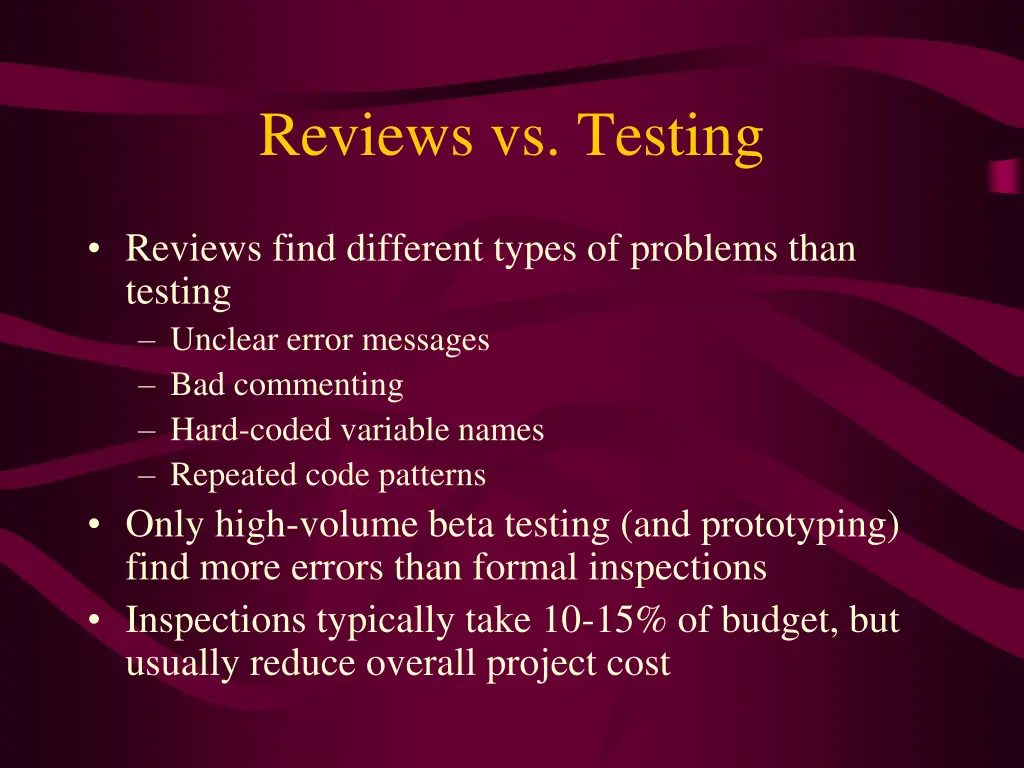 reviews vs testing