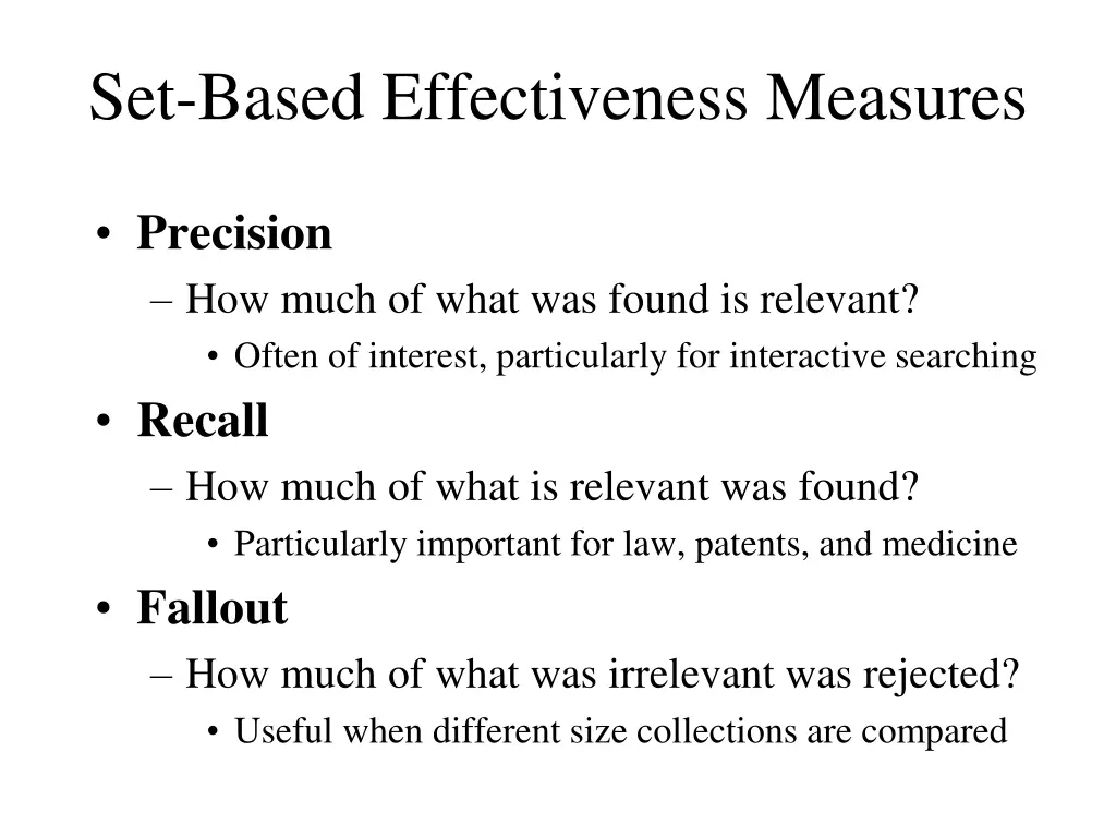 set based effectiveness measures