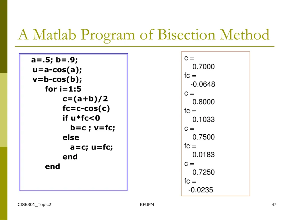 a matlab program of bisection method