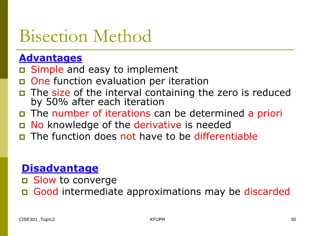 bisection method advantages simple and easy