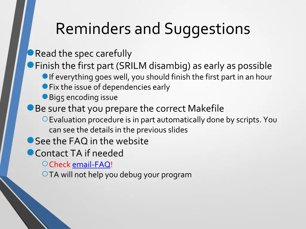 reminders and suggestions read the spec carefully