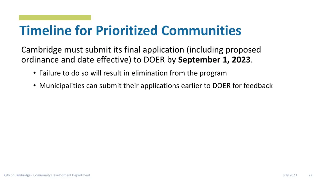 timeline for prioritized communities