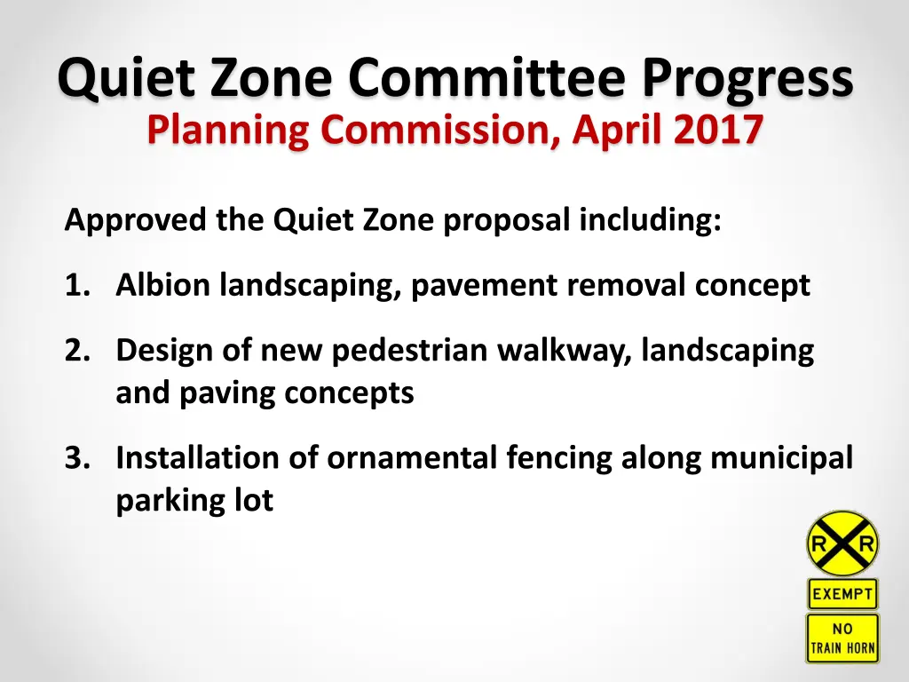 quiet zone committee progress planning commission