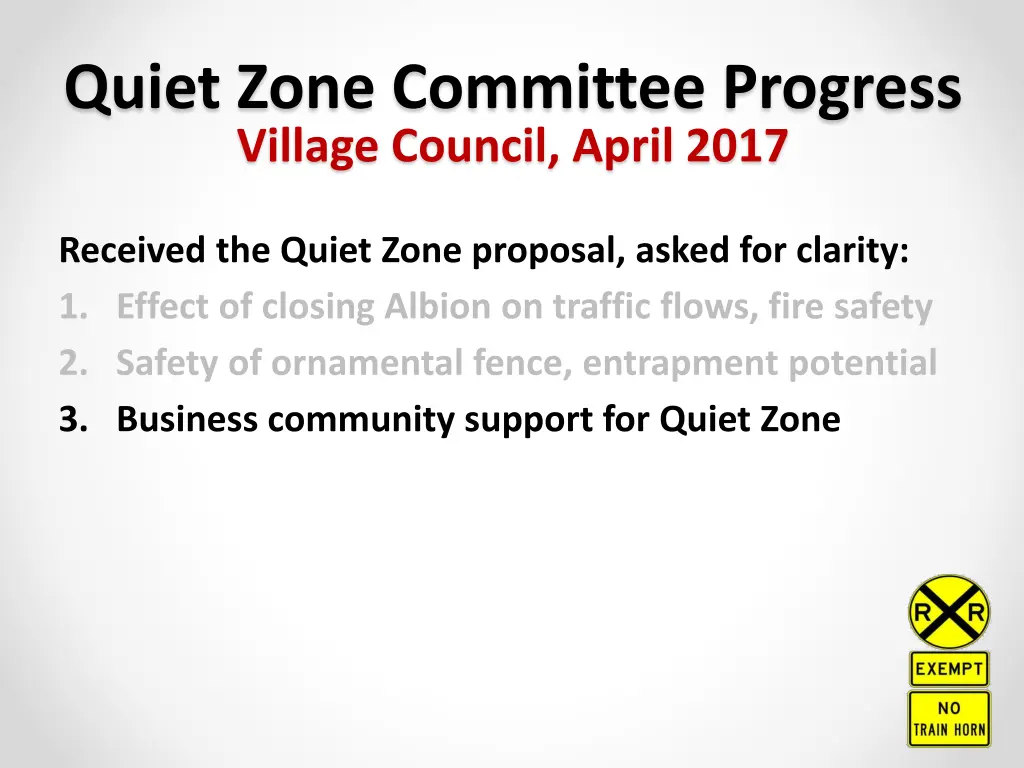 quiet zone committee progress village council 2