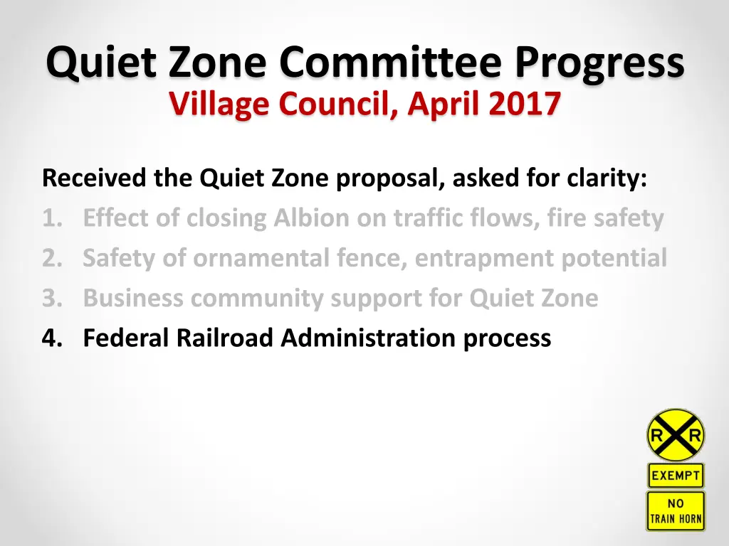 quiet zone committee progress village council 3