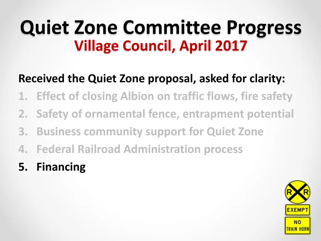 quiet zone committee progress village council 4