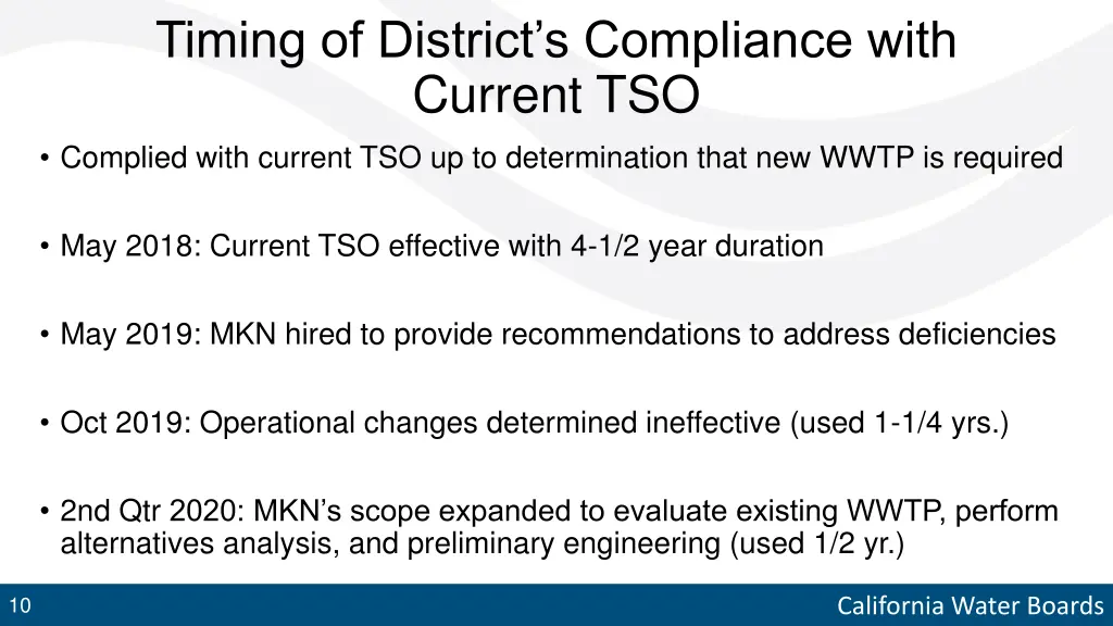 timing of district s compliance with current tso
